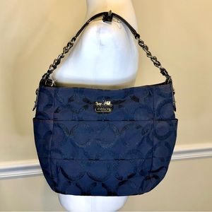COACH Navy Blue Glitter Signature C Silver Braided Shoulder Bag w Blue Interior